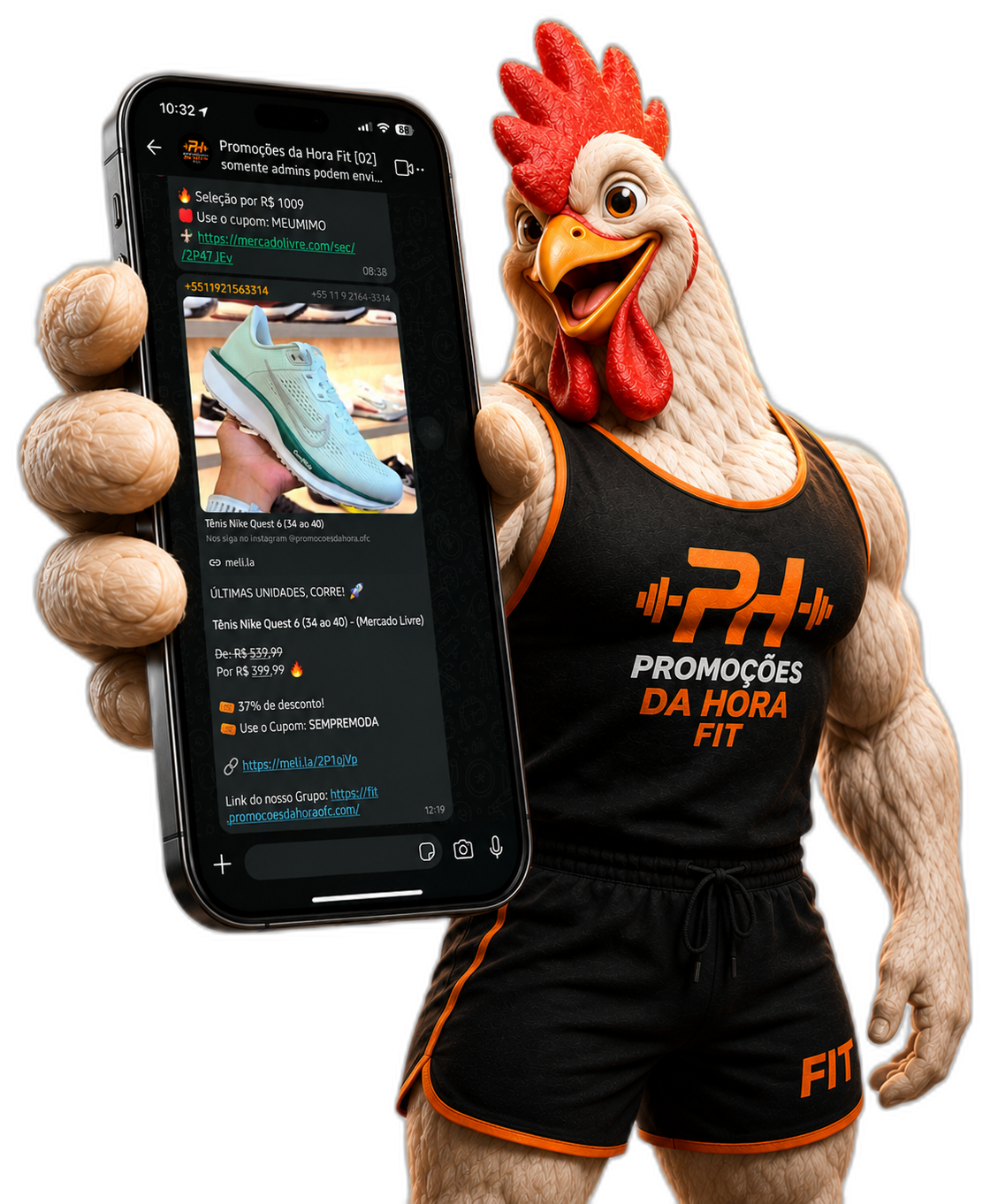 Mascote Promoções da Hora Fit mostrando uma oferta no celular