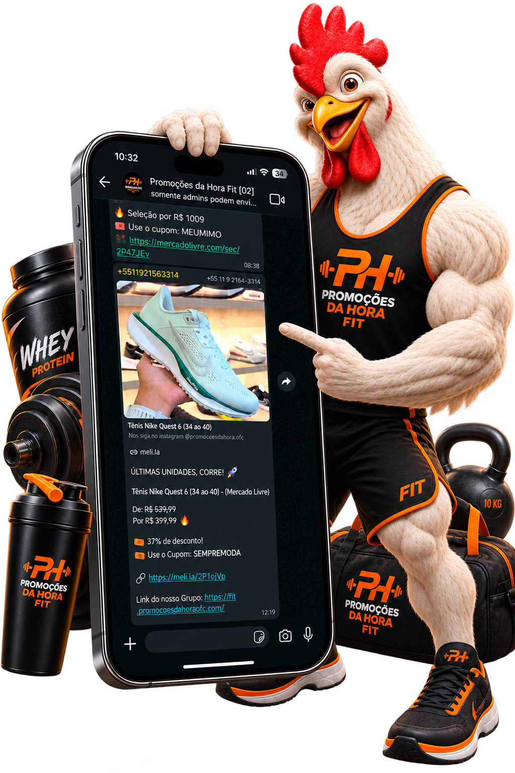 Mascote Promoções da Hora Fit, um frango musculoso malhando